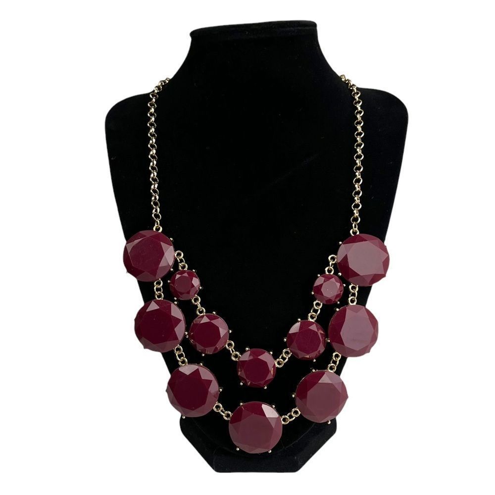 Wine Colored Beaded Statement Necklace on Gold Tone Costume Jewelry